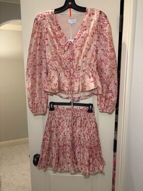 NWT Super Cute Ulla Johnson Pink Floral Peplum Blouse and Pleated Skirt Set